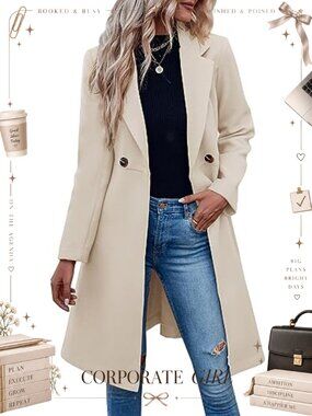 Women's Long Trench Coat Double Breasted Belted Notch Lapel Loose Fit Winter